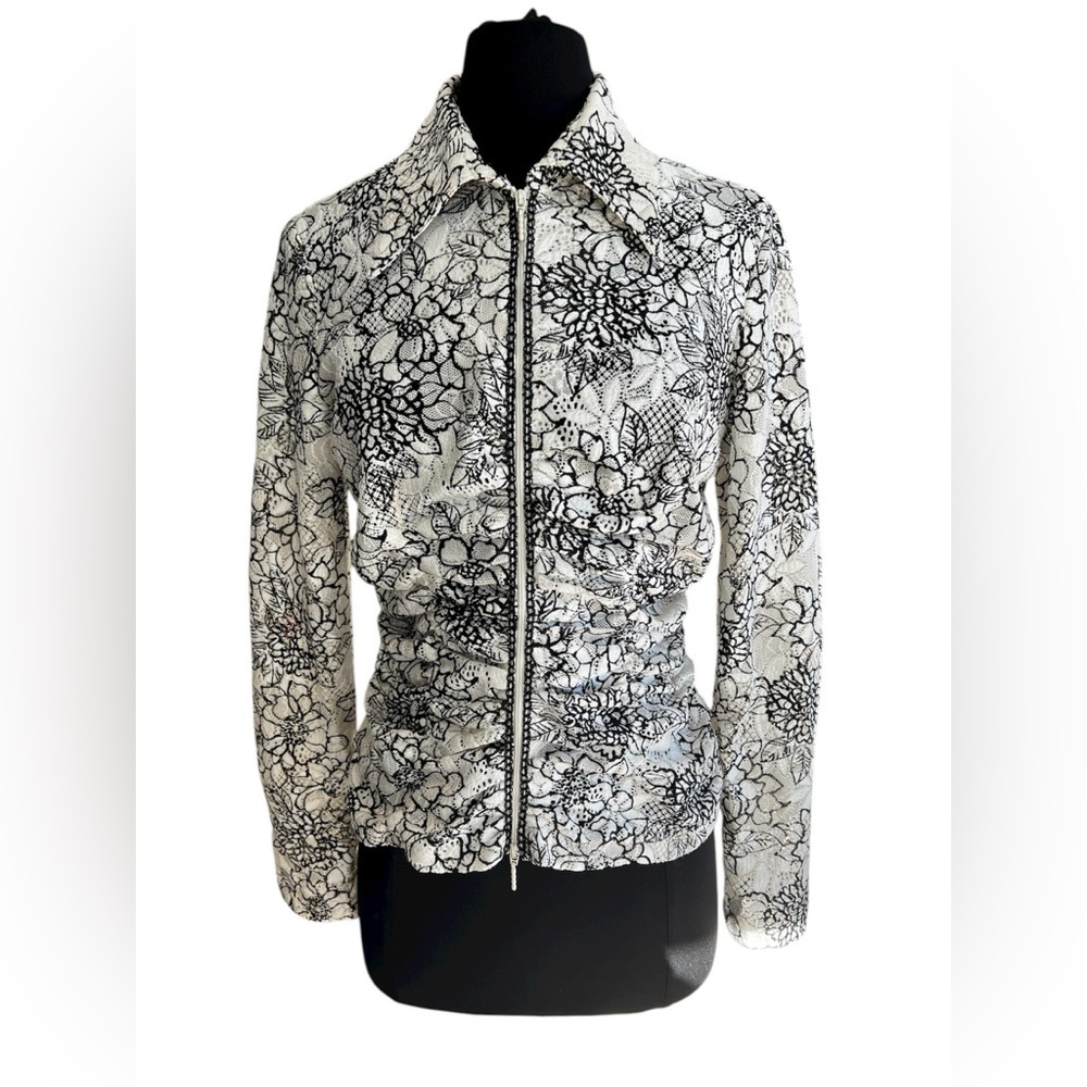 Alberto Makali Black White Floral Lace Zip Front Jacket Stretch Fitted Medium